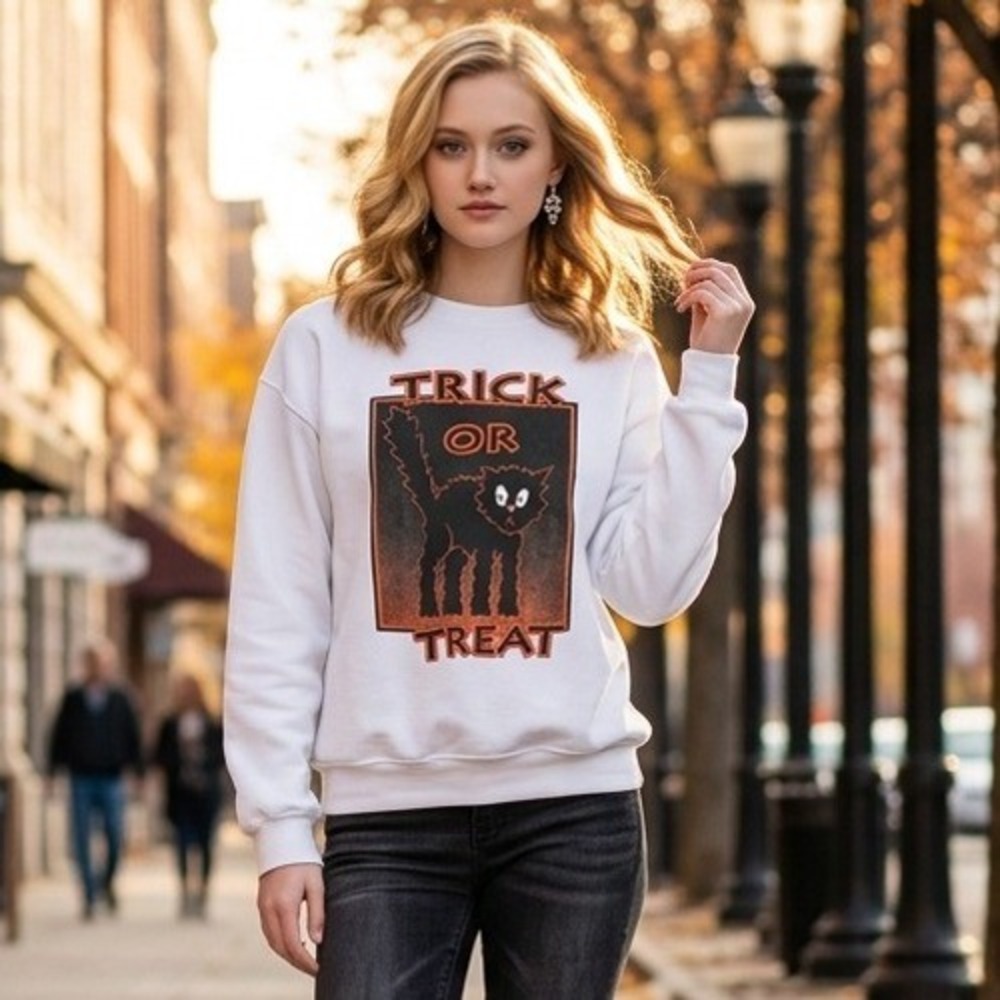 Vintage Trick Or Treat Crewneck Sweatshirt White Black Scaredy Cat Halloween XL